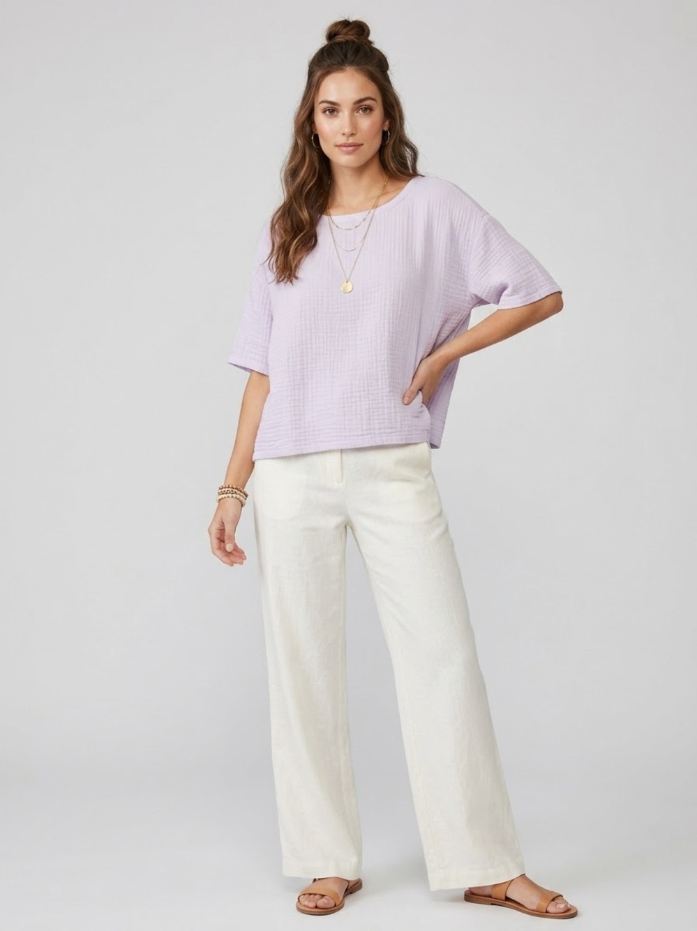 Eileen Fisher 100% Organic Cotton Crinkle Gauze Raw Edge Top Large Wisteria